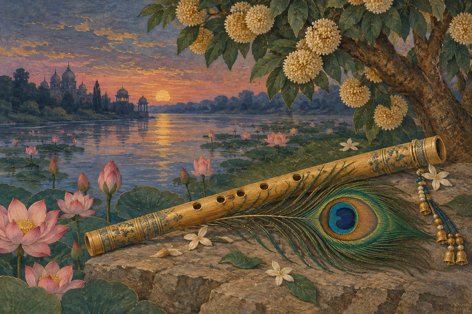 A painted flute and peacock feather beside a lotus-filled river
