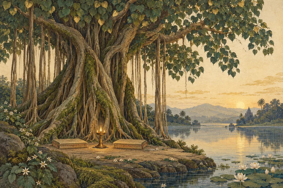 A quiet banyan grove beside still water