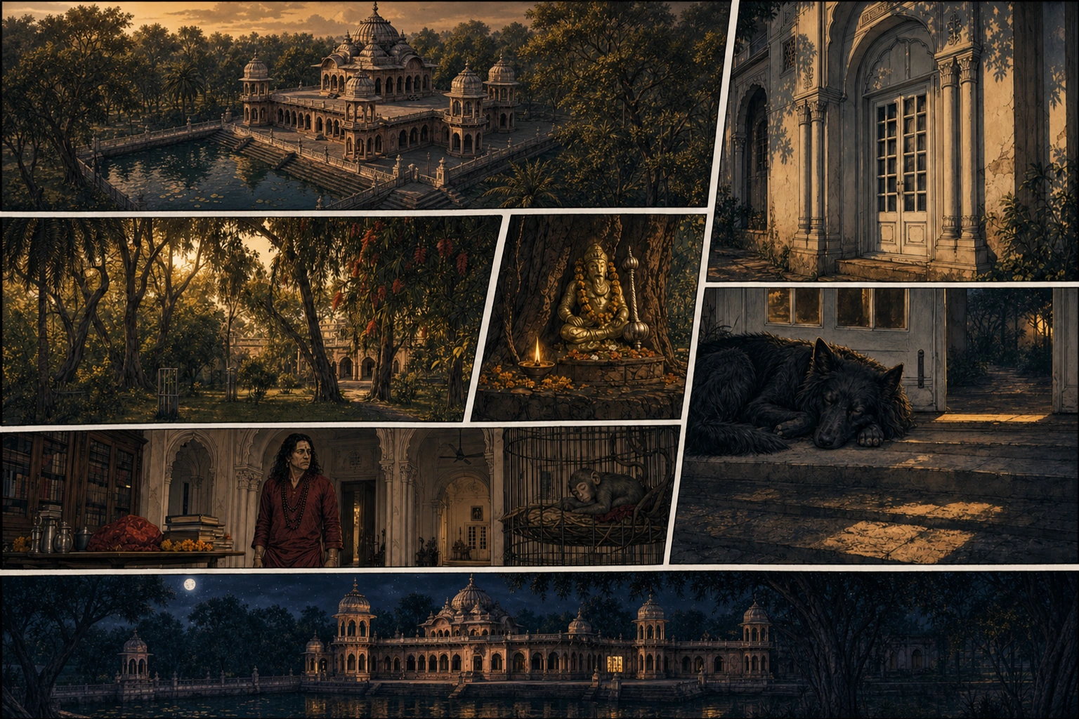 A text-free seven-panel cinematic comic moves from a high late-afternoon view of the real Siddha Siddhanta Academy and its kund to its weathered arches, gardens, Hanuman shrine, sleeping black dog, broad-shouldered prime-age Guruji walking toward the samadhi room, and a final moonlit exterior with one warm window.