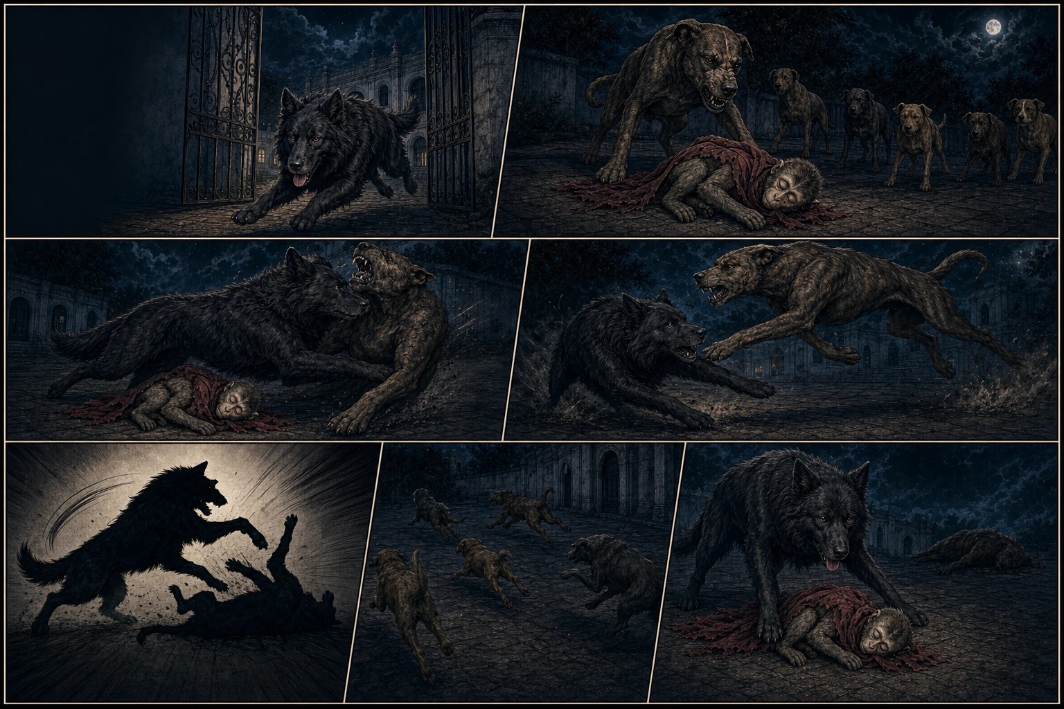 A seven-panel moonlit comic shows Guruji’s exact long-haired black dog bursting from the academy gate, intercepting the single vicious leader attacking unconscious Chunmun, ending that attack in a non-gory shadowed takedown, scattering five frightened followers, and standing protectively over her.