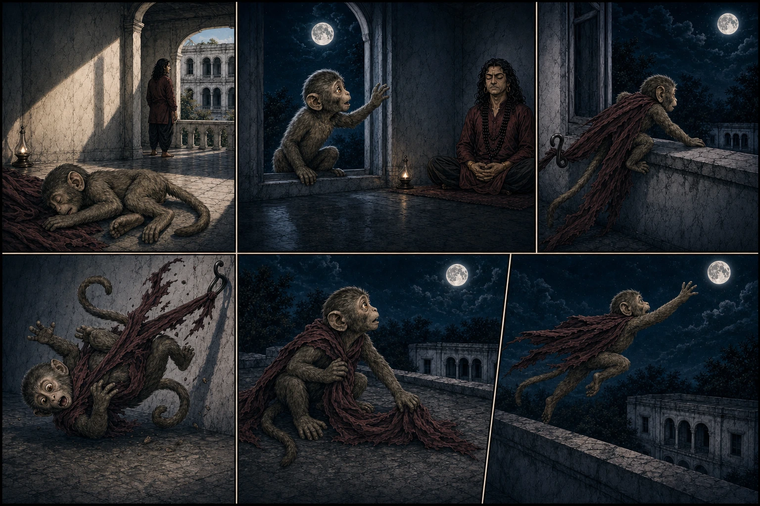 A six-panel day-to-night comic shows Chunmun sleeping through the day, waking transfixed by the full moon while slim prime-age Guruji remains unaware in samadhi, following the moon through the window, tumbling naturally when a maroon curtain snags and tears, accepting the cloth as a cape, and attempting a shaky flight toward the moon.