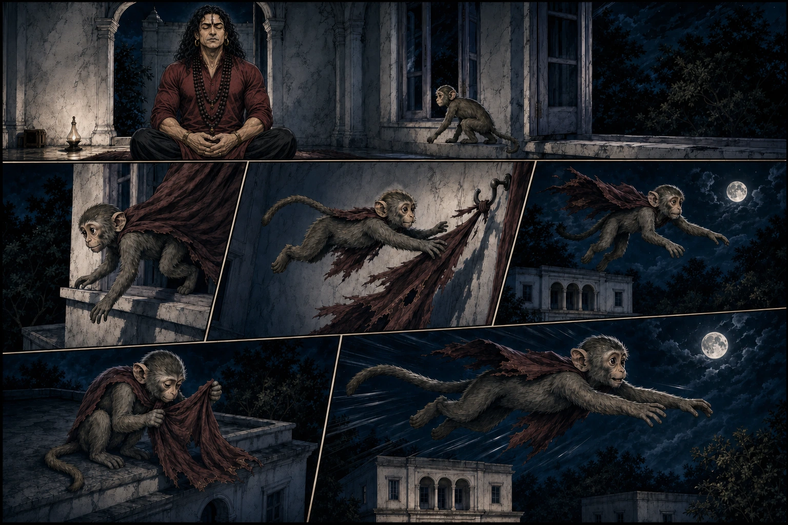 A text-free six-panel night comic keeps Guruji still in samadhi while Chunmun crosses the window, is pulled backward by the curtain, tears it from a hook, gathers the new cape and tries a longer moonward flight with naturally trailing limbs, tail and cloth.