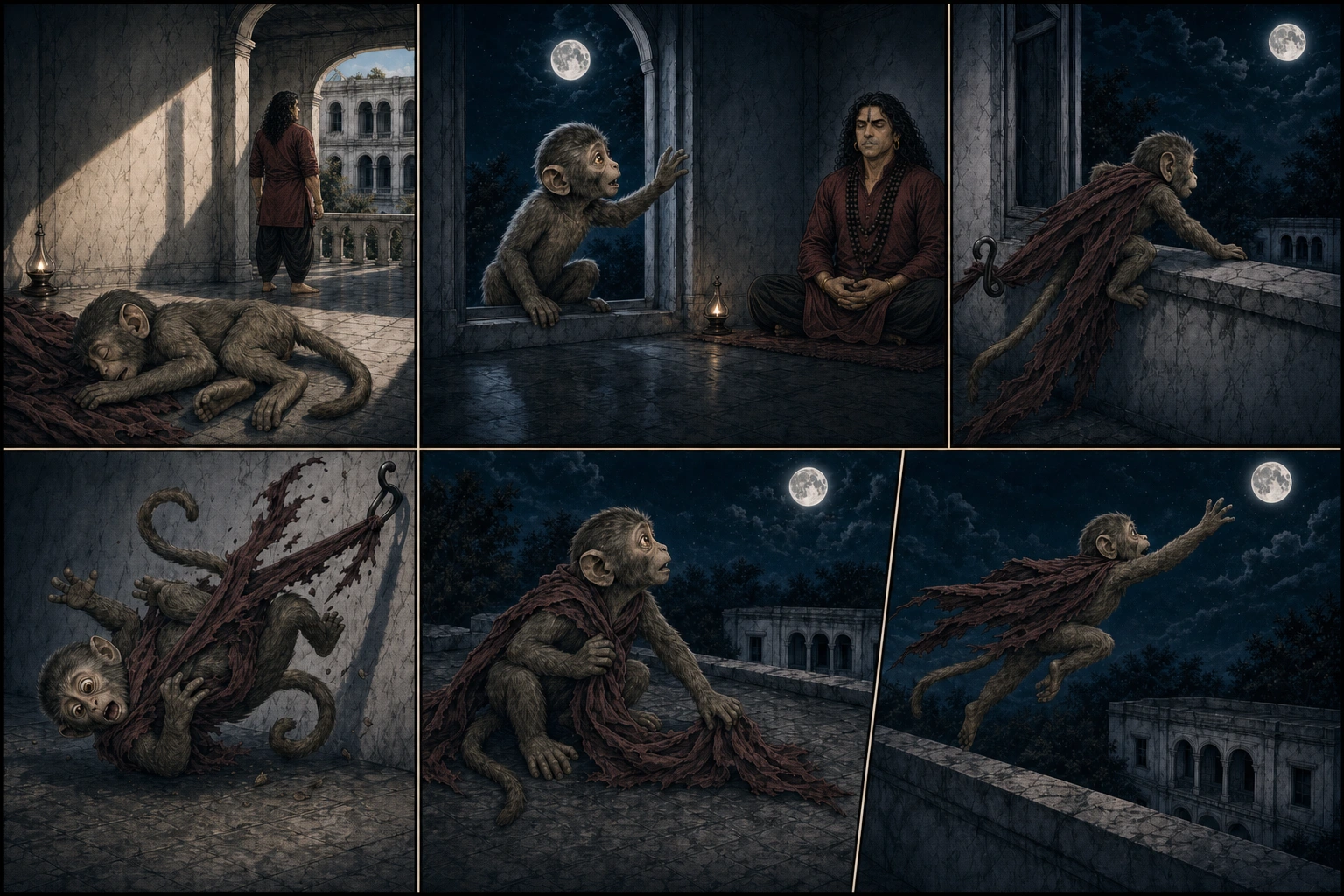 A six-panel day-to-night comic shows Chunmun sleeping through the day, waking transfixed by the full moon while powerful prime-age Guruji remains unaware in samadhi, following the moon through the window, tumbling naturally when a maroon curtain snags and tears, accepting the cloth as a cape, and attempting a shaky flight toward the moon.