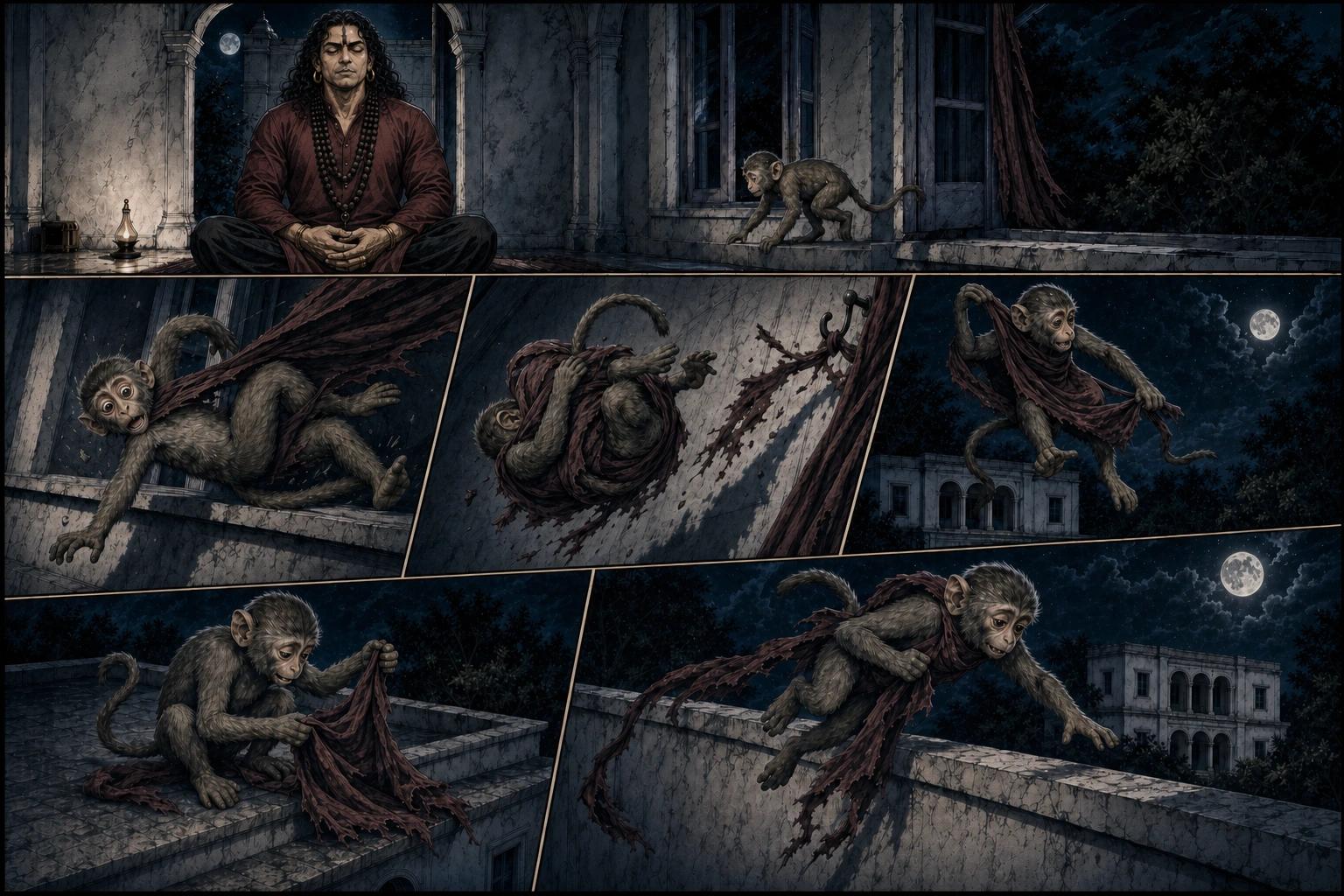 A text-free six-panel indigo comic shows Chunmun near Guruji in samadhi, losing balance as a maroon curtain catches her, rolling through the cloth, tearing it from its hook, examining the accidental cape and attempting another moonward leap.