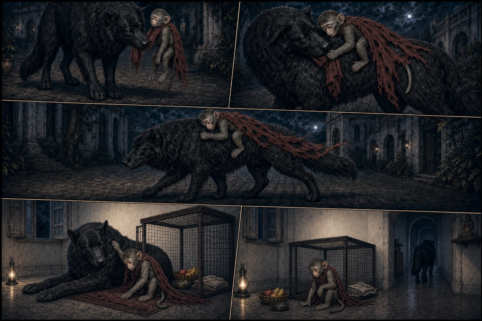 A five-panel indigo comic shows Guruji’s exact long-haired black dog gently lifting half-conscious Chunmun by the loose torn cape, settling her safely across his back, carrying her at a careful walk, lowering her beside her open cage and linens on their shared household floor, and receding into the residence’s interior shadows.