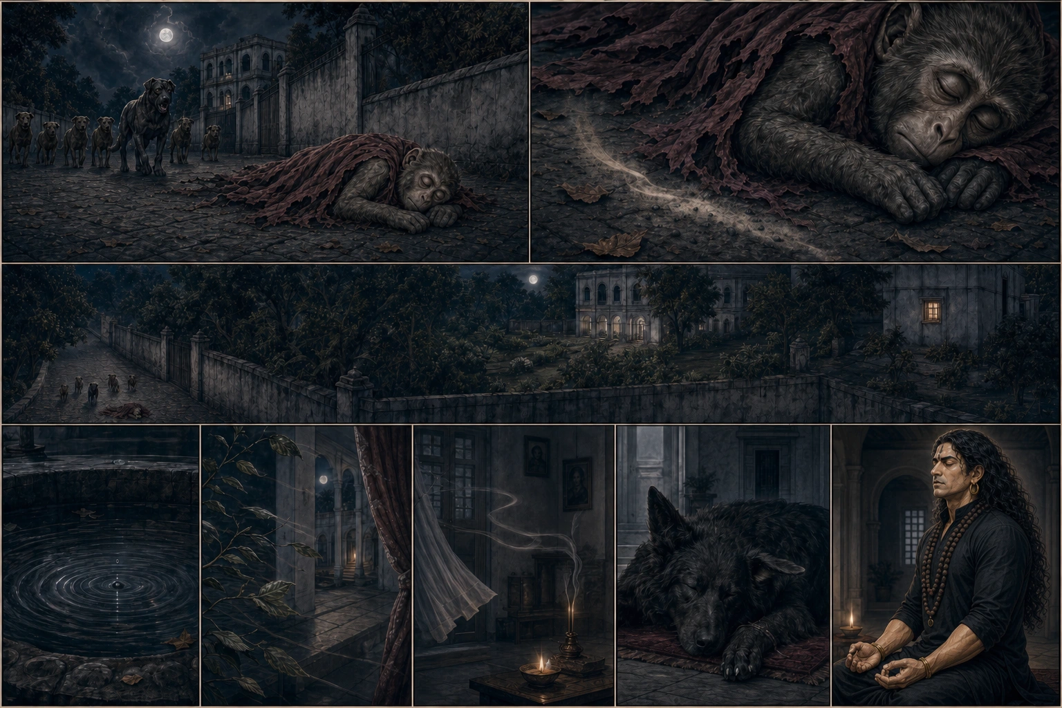 A text-free eight-panel indigo comic links unconscious Chunmun and six dogs outside the wall to the distant Academy, a single lit samadhi window, a ripple crossing still courtyard water, leaves, curtain and incense leaning along one current, the sleeping black dog’s turning ear and tightening paw, and Guruji in profound unmoving profile.