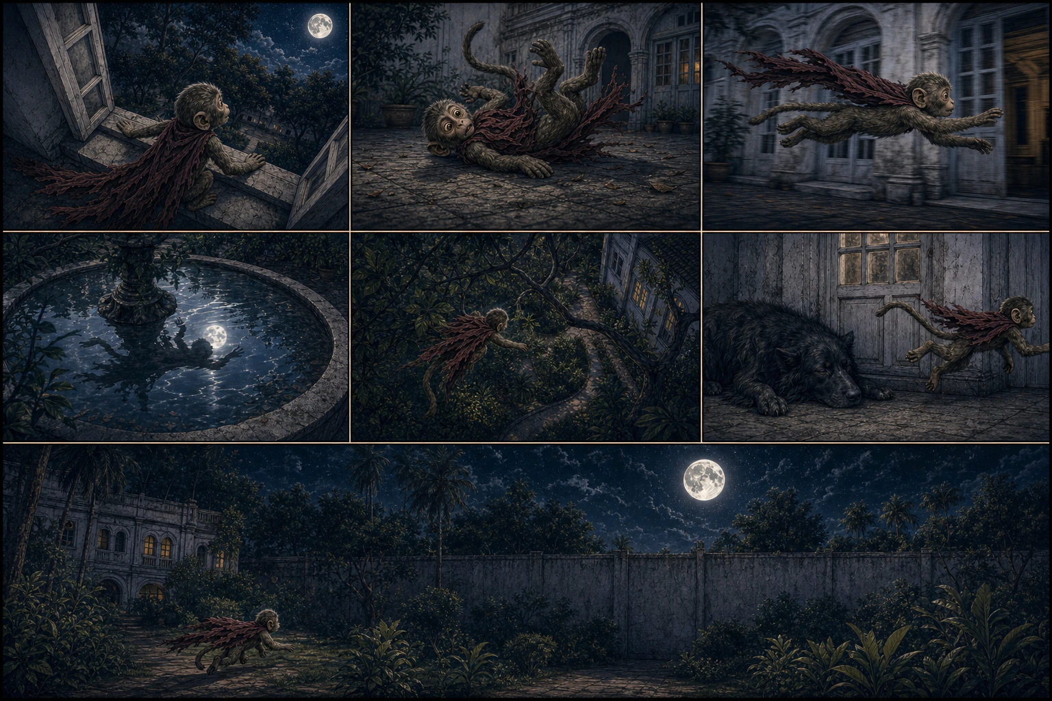 A text-free seven-panel moonlit comic follows Chunmun from a high window through a rolling landing, low flight beside old arches, a broken reflection in the fountain, an overhead garden passage, the sleeping black dog and real doorway, and a monumental wide view of the outer wall beneath the moon.