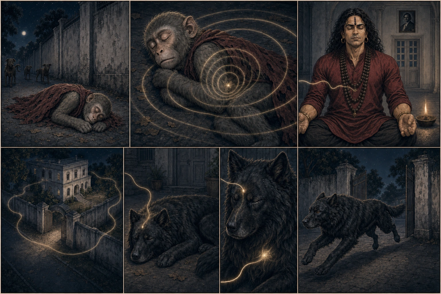 A text-free seven-panel indigo comic shows unconscious Chunmun outside the wall, accurate young Guruji motionless in samadhi, a fine silver-gold current crossing the Academy to the sleeping long-haired black dog, entering through brow and heart, opening his amber eyes and turning him toward the gate.