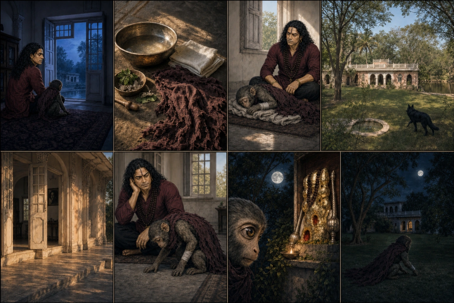 A text-free eight-panel comic carries the Academy from dawn through noon and back to moonrise: the real doorway, wash bowl and dirty cape, sleeping injured Chunmun, watchful prime-age Guruji, the palace-like residence with courtyard, fountain, grove, kund and black dog, lengthening shadows, Guruji noticing her test the injury, and Chunmun slipping toward the Hanuman tree at night.