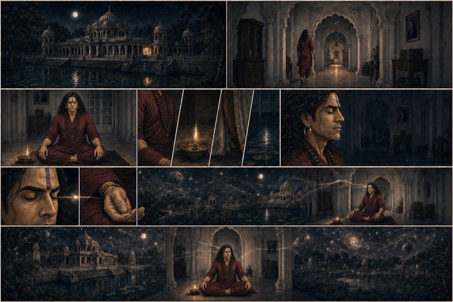 A text-free twelve-beat comic follows accurate young powerful Guruji from the moonlit Siddha Siddhanta Academy and its kund through the real high-arched interior, seated posture, softening breath, sensory withdrawal, one-pointed attention, uninterrupted meditation and a final vast still field joining room, palace, water, trees and stars.