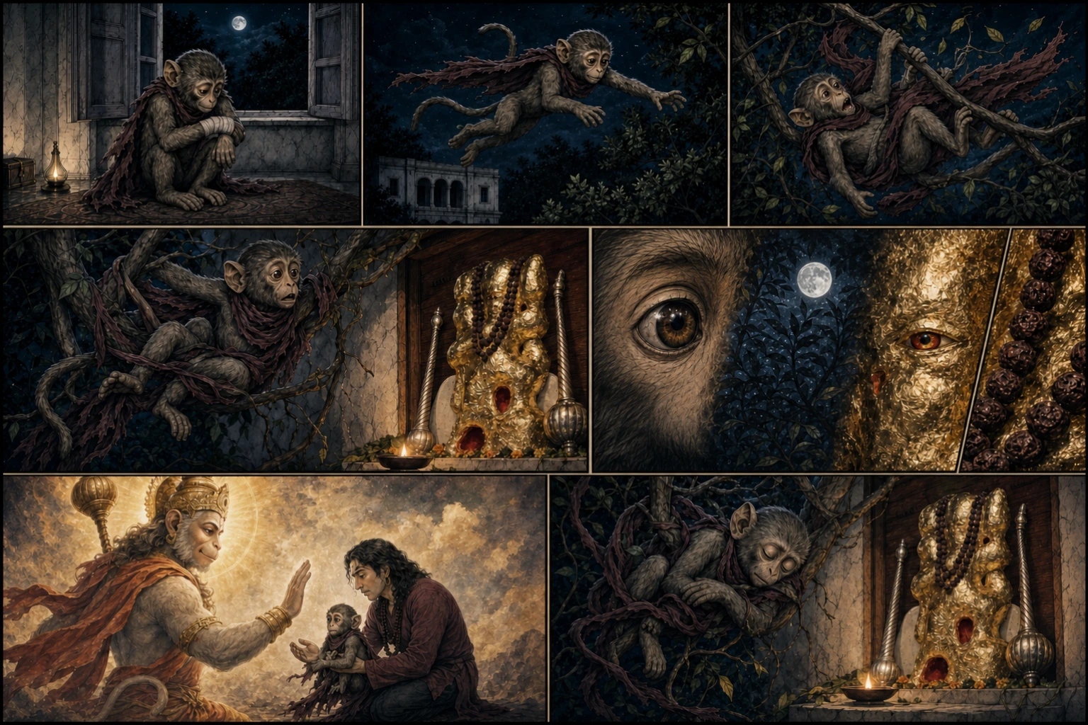 A seven-panel surreal garden comic shows still-injured Chunmun attempting another unstable flight, tumbling and twisting naturally through a tree, becoming caught before the academy’s Hanuman Ji murti, remembering Hanuman Ji entrusting Shailendra Sharma to her care, and fainting among moonlit leaves.