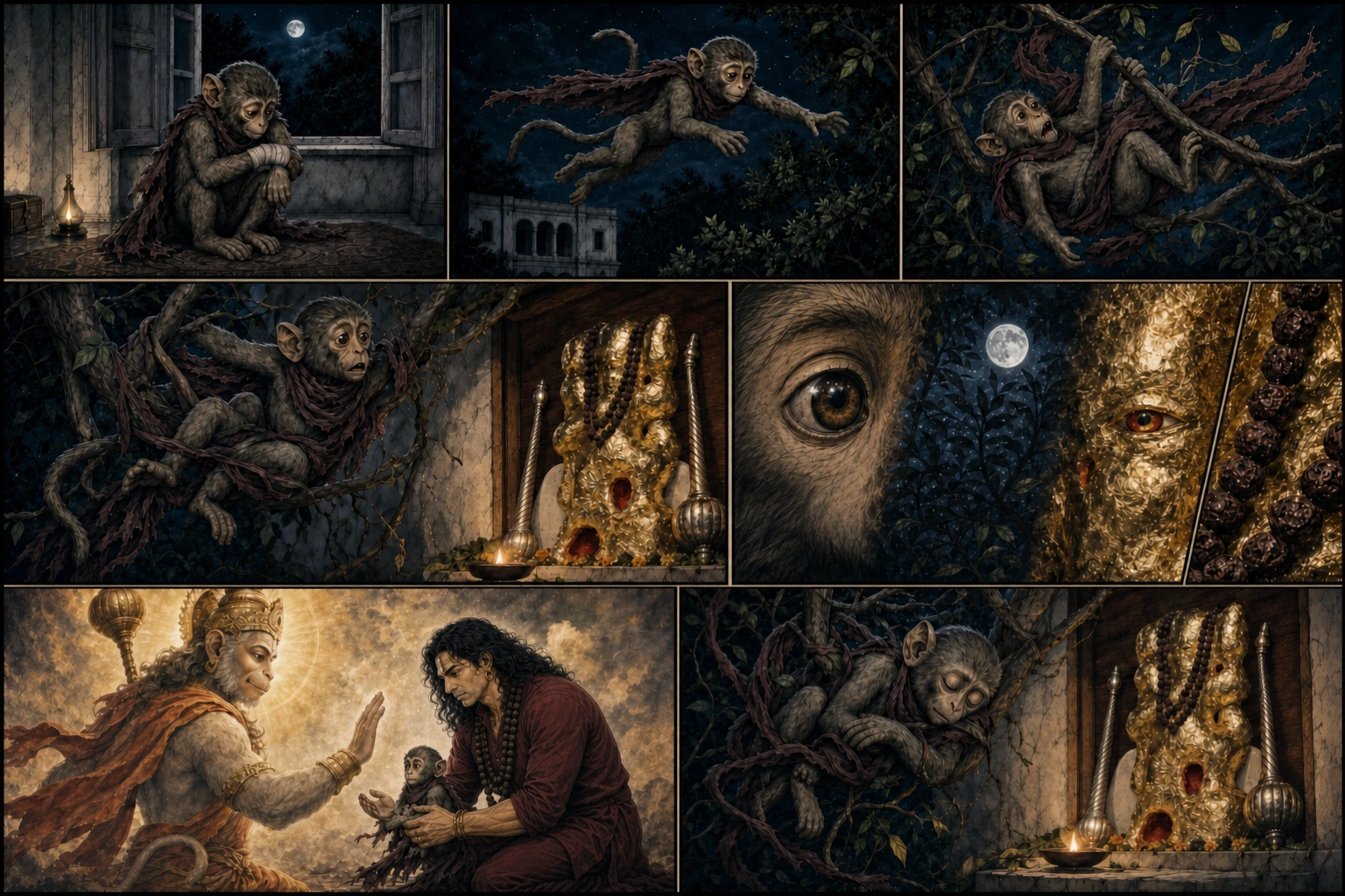 A seven-panel surreal garden comic shows still-injured Chunmun attempting another unstable flight, tumbling and twisting naturally through a tree, becoming caught before the academy’s Hanuman Ji murti, remembering Hanuman Ji entrusting Shailendra Sharma to her care, and fainting among moonlit leaves.