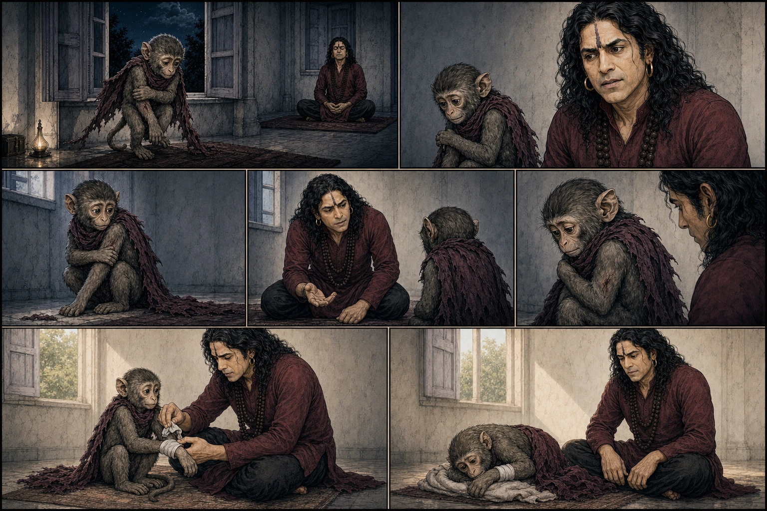 A seven-panel predawn comic shows injured Chunmun sneaking back through the window, hiding her hurt side and dirty cape, expressive slim Guruji noticing and asking gently, Chunmun refusing to answer, and Guruji quietly tending her before she rests.