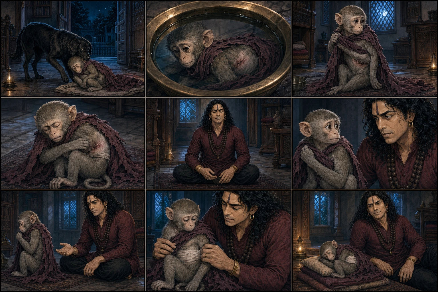 A nine-panel expressive predawn comic uses turquoise window light, a violet-maroon cape and amber lamplight to show Guruji’s black dog leaving Chunmun safely at her place, Chunmun discovering her wound in a brass-bowl reflection, rehearsing an innocent face, failing to hide a wince, strong prime-age Guruji returning from samadhi and noticing immediately, her silent refusal to answer, his knowing half-smile, and his gentle care as she relaxes into sleep.