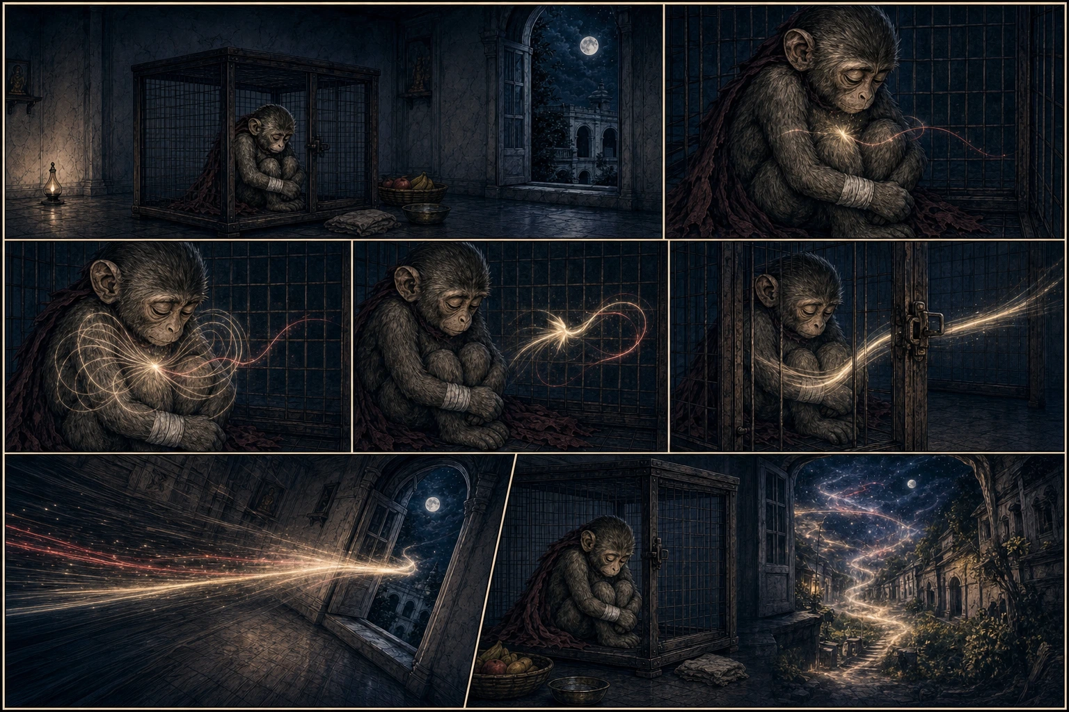 A seven-panel ethereal comic shows Chunmun’s living body curled upright inside the locked cage while a silver-gold and crimson field gathers at her heart, unfolds into a swift butterfly-like current of consciousness, passes between the bars, and races into the dreamlike night.