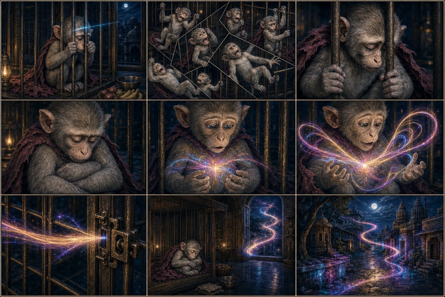 A nine-panel expressive ethereal comic follows Chunmun from comic frustration at the locked cage through exhaustion, heartbreak and inward concentration; a saffron, electric-cyan and magenta field gathers at her heart, reflects in her astonished eyes, unfolds into winglike consciousness, passes between the bars while her breathing body remains safely curled inside, and races through the old moonlit Govardhan lanes as neon light reflected on real stone, shrine glass, puddles and leaves.