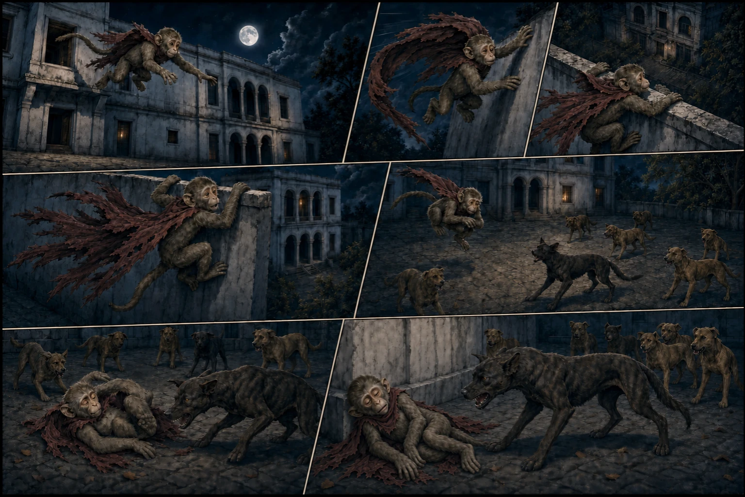 A kinetic moonlit comic shows Chunmun’s unstable flight from low, high, and side angles, her cape dragging and curling naturally, her failed climb over the real compound wall, and her fall among six dogs as one vicious leader attacks and five uncertain street dogs hang back.