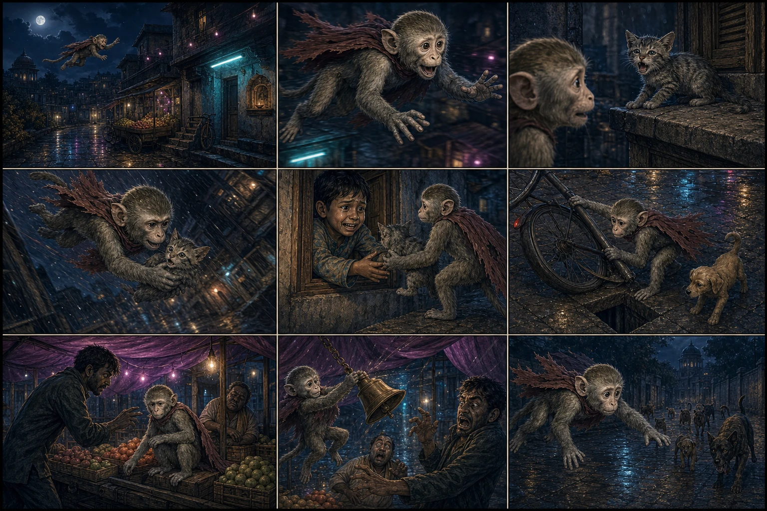 A text-free nine-panel expressive anime comic follows caped Chunmun through an old moonlit Govardhan lane accented by one cyan tube, modest pink festival bulbs, amber diya light and wet-stone reflections: her lunar delight changes to alarm as she rescues a kitten, effort as she saves a puppy from an open drain, playful disapproval as she rings a fruit-stall bell on a thief, brief pride after the small mercies, and sudden unease when six dog shadows gather behind her.