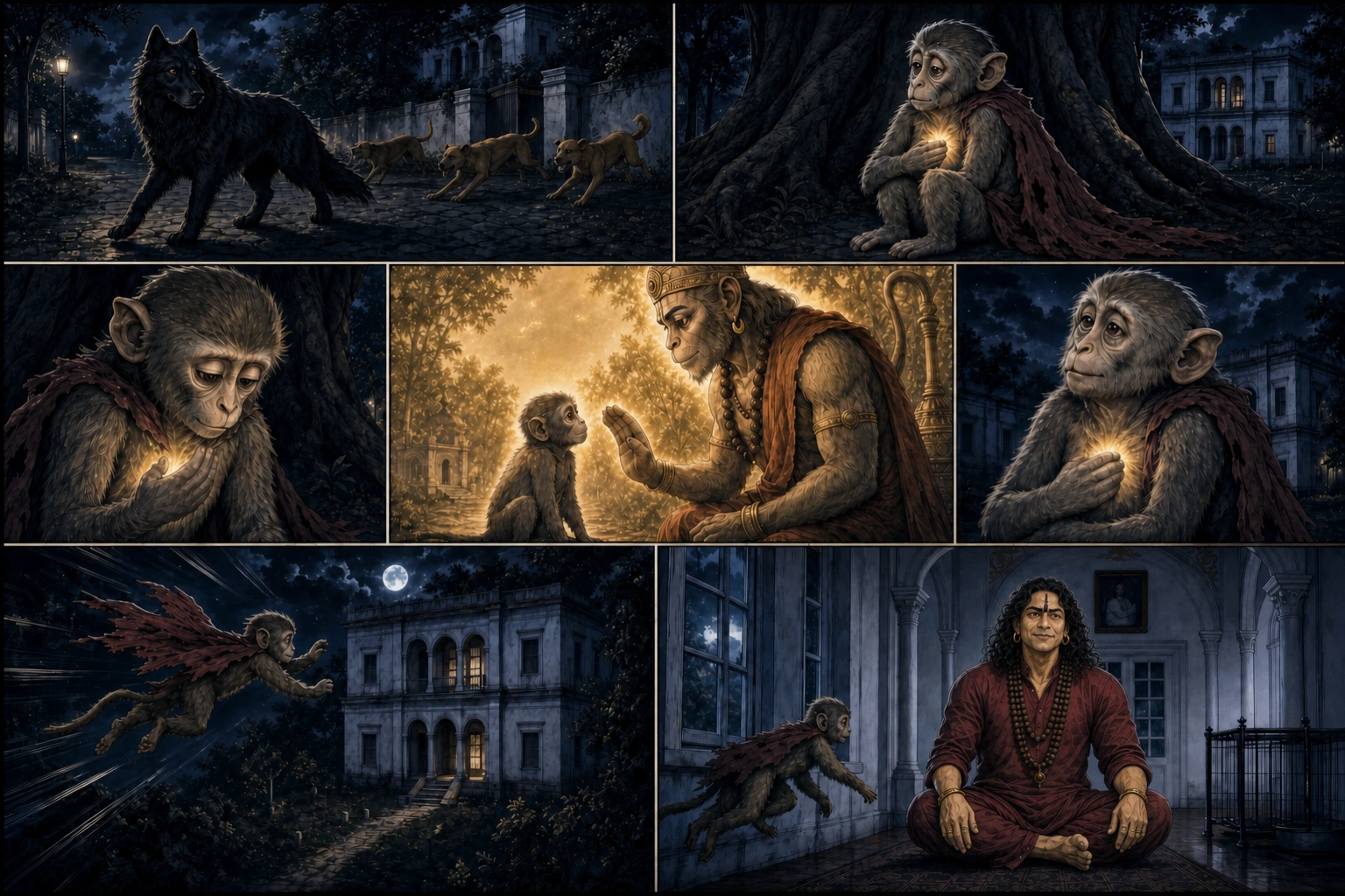 A text-free seven-panel inner-dream comic shows the cleared lane, warmth returning to half-conscious Chunmun during the dog’s carry, her memory of Hanuman Ji’s earlier blessing, an imagined flight to the Academy window, and Guruji’s knowing smile at the dream’s center.
