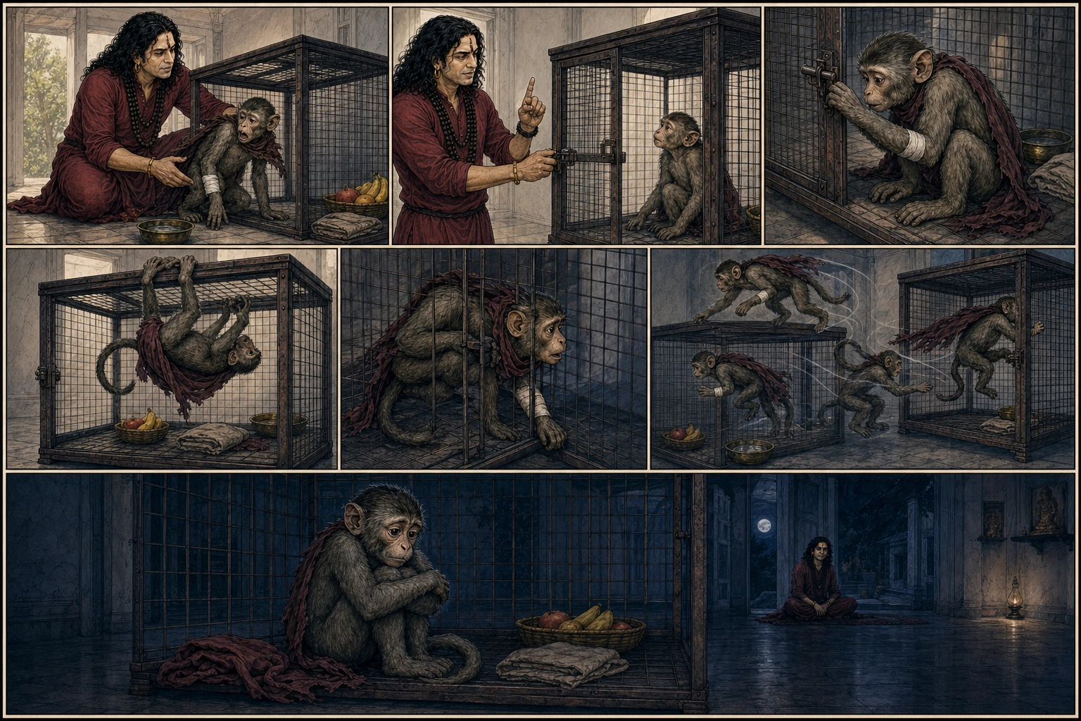 A seven-panel expressive comic shows concerned slim Guruji placing injured Chunmun safely in her familiar cage, telling her to stay in, and Chunmun testing latch, bars, hinge, roof, and narrow gaps with varied natural poses before curling upright in exhausted concentration.