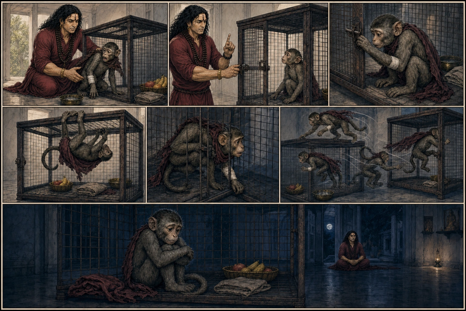 A seven-panel expressive comic shows concerned broad-shouldered Guruji placing injured Chunmun safely in her familiar cage, telling her to stay in, and Chunmun testing latch, bars, hinge, roof, and narrow gaps with varied natural poses before curling upright in exhausted concentration.