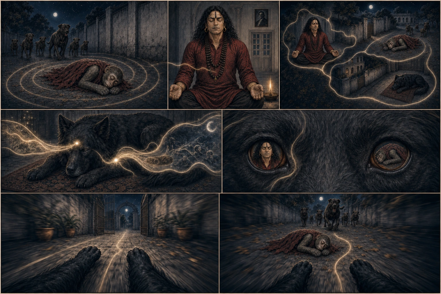 A seven-panel indigo comic shows unconscious Chunmun outside the wall, broad-shouldered Guruji detecting danger directly in samadhi, local awareness finding his exact long-haired black dog, consciousness entering the dog through brow and heart, the dog’s amber eyes reflecting Guruji and Chunmun, and two first-person tunnel-vision frames of paws racing through the gate toward her.