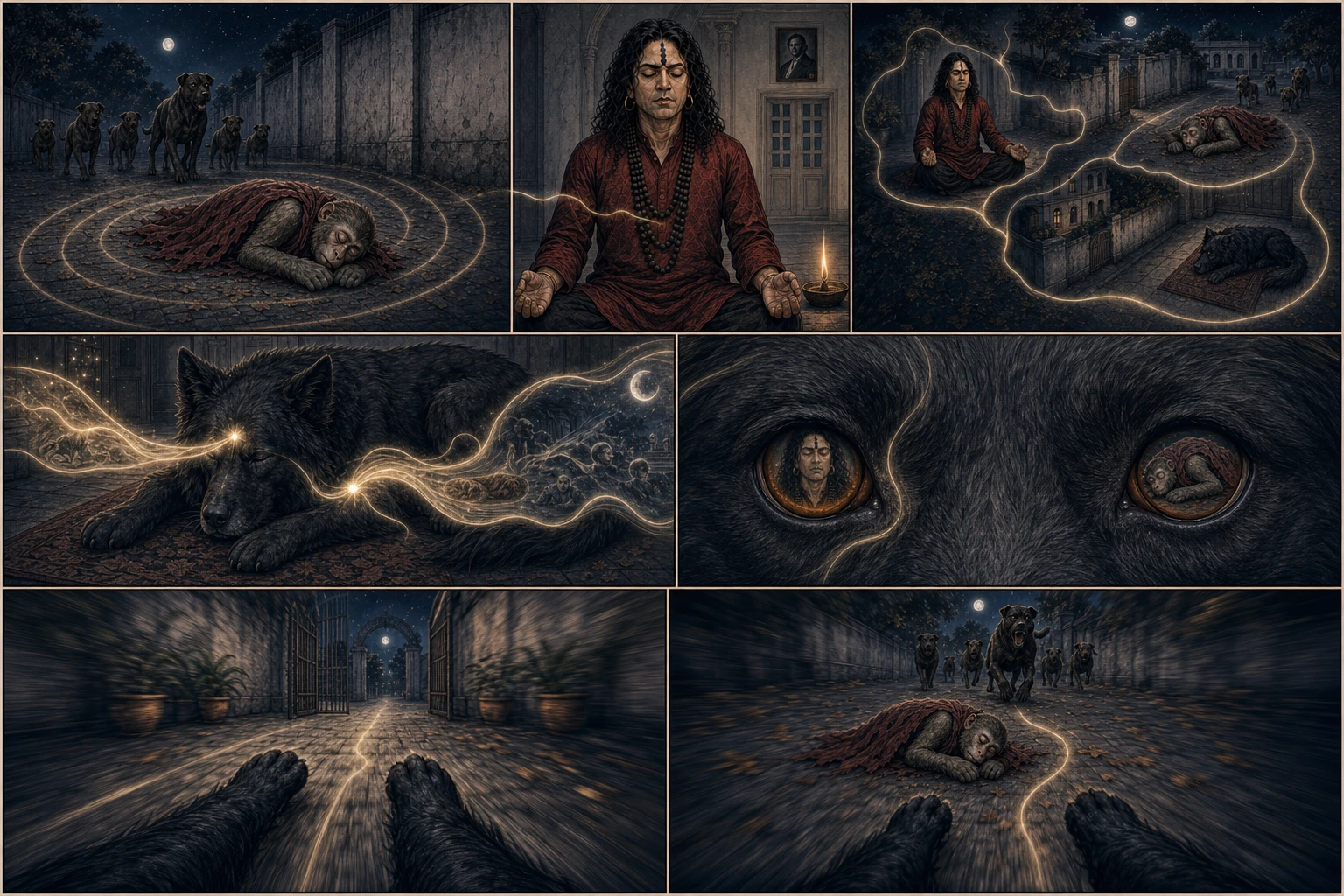 A seven-panel indigo comic shows unconscious Chunmun outside the wall, slim Guruji detecting danger directly in samadhi, local awareness finding his exact long-haired black dog, consciousness entering the dog through brow and heart, the dog’s amber eyes reflecting Guruji and Chunmun, and two first-person tunnel-vision frames of paws racing through the gate toward her.