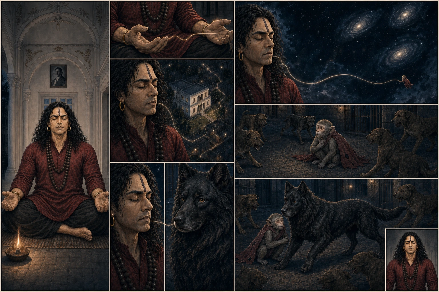 A text-free multi-panel comic shows accurate young Guruji still in samadhi, awareness expanding from his hands and face through the Academy into a star-filled immensity, locating fallen Chunmun among dogs, then focusing on his own long-haired black dog as the chosen means of help.