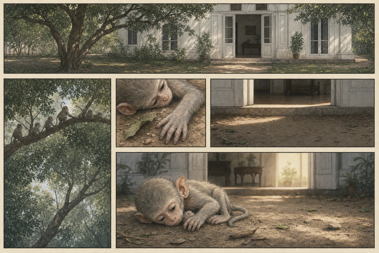 A five-panel comic plate follows newborn Chunmun from the open sky and a troop in the trees to her tiny form waiting at the threshold of the white house.