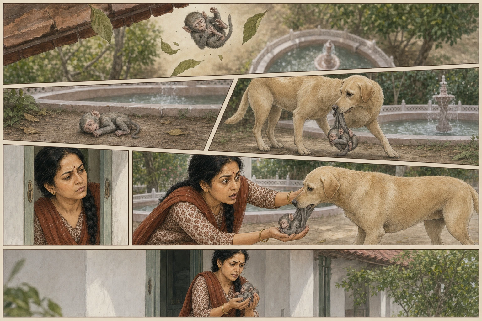A six-panel diagonal comic sequence follows Didi from puzzled attention to shock and protective tenderness as she lifts newborn Chunmun safely from a gentle dog beside the garden fountain.