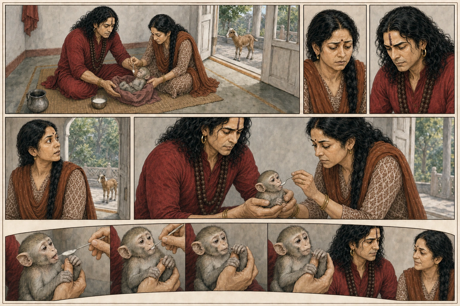 A five-part radial comic plate moves from Guruji and Didi’s concern over cow’s milk to the courtyard goat, one infant Chunmun feeding safely, and her gradual growth.