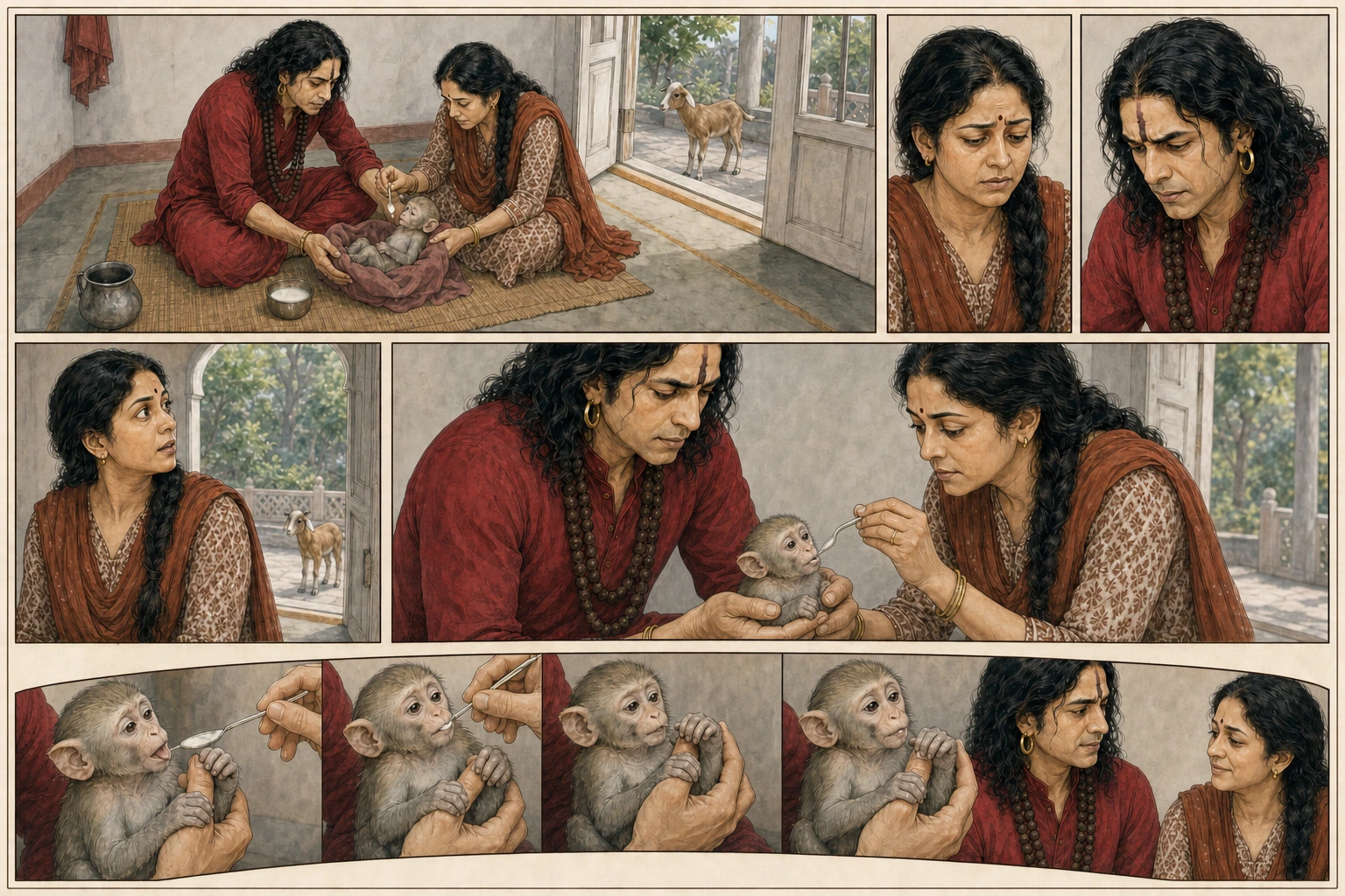 A five-part radial comic plate moves from Guruji and Didi’s concern over cow’s milk to the courtyard goat, one infant Chunmun feeding safely, and her gradual growth.