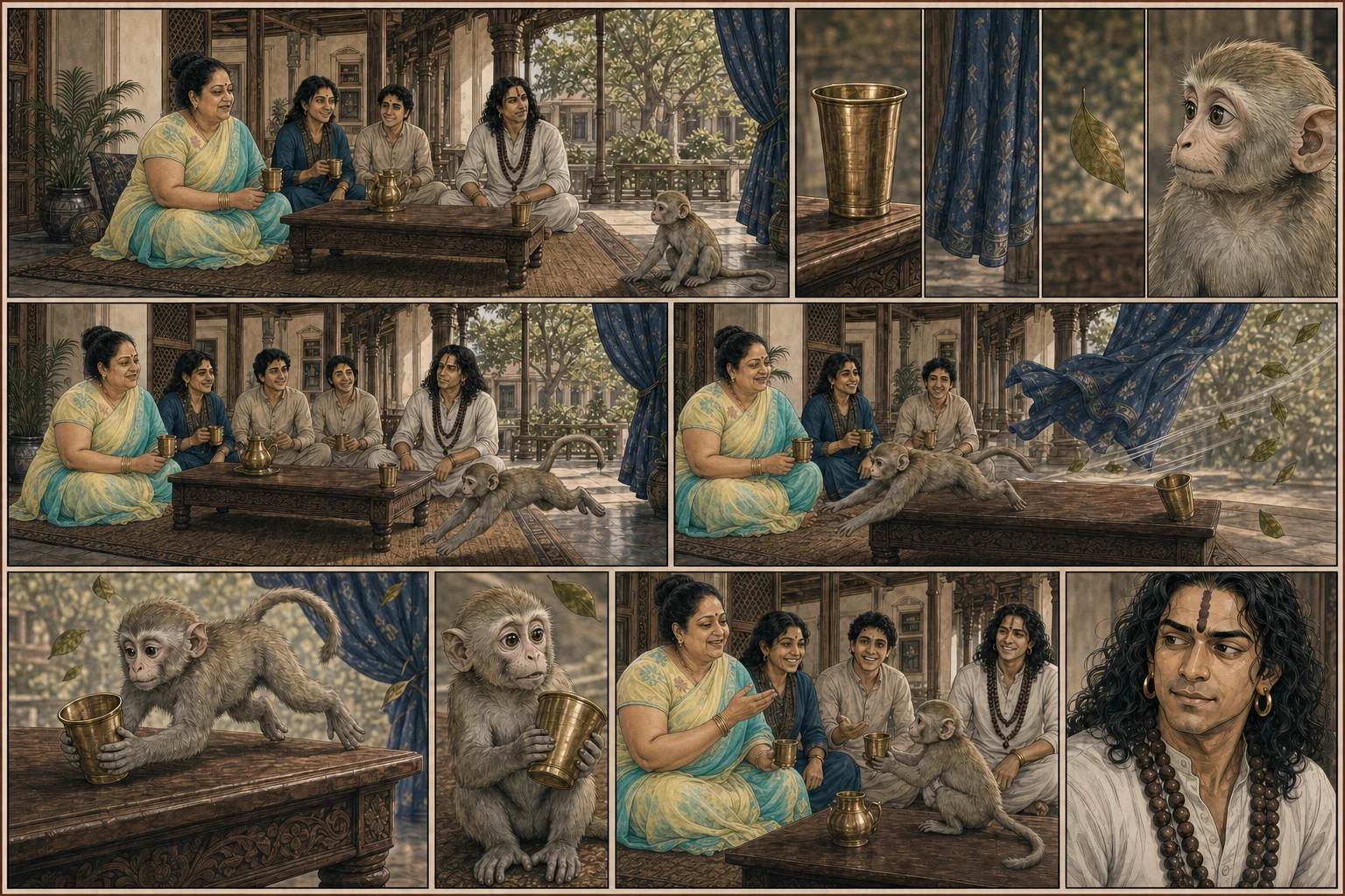 An eleven-panel classic-comic and anime plate begins with Didi, Guruji, and two disciples at tea, isolates a brass cup, still curtain, suspended leaf, and Chunmun’s attentive eyes, then shows her launch before the gust, catch the falling cup, and return it while Guruji privately studies the timing.