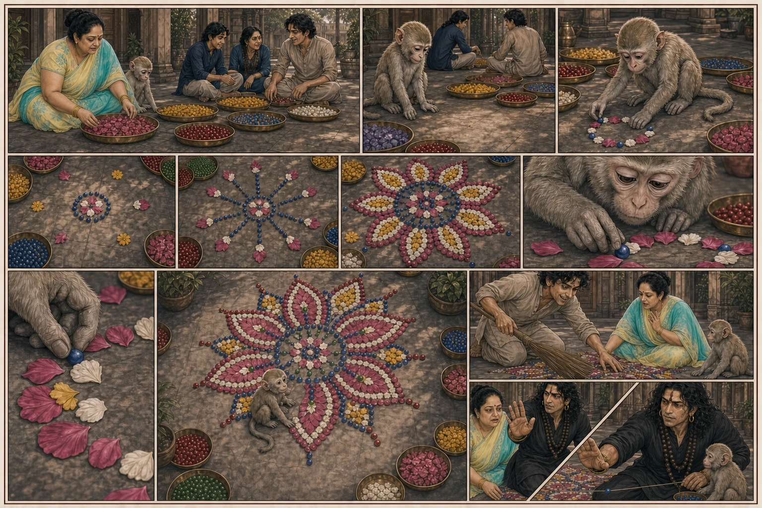 A twelve-region classic-comic and anime spread opens with Didi and companions sorting coloured petals and beads, then follows ordinary young Chunmun building an unprompted design from small loop to radiating arms and a complete layered lotus before a broom approaches and Guruji quietly stops it.