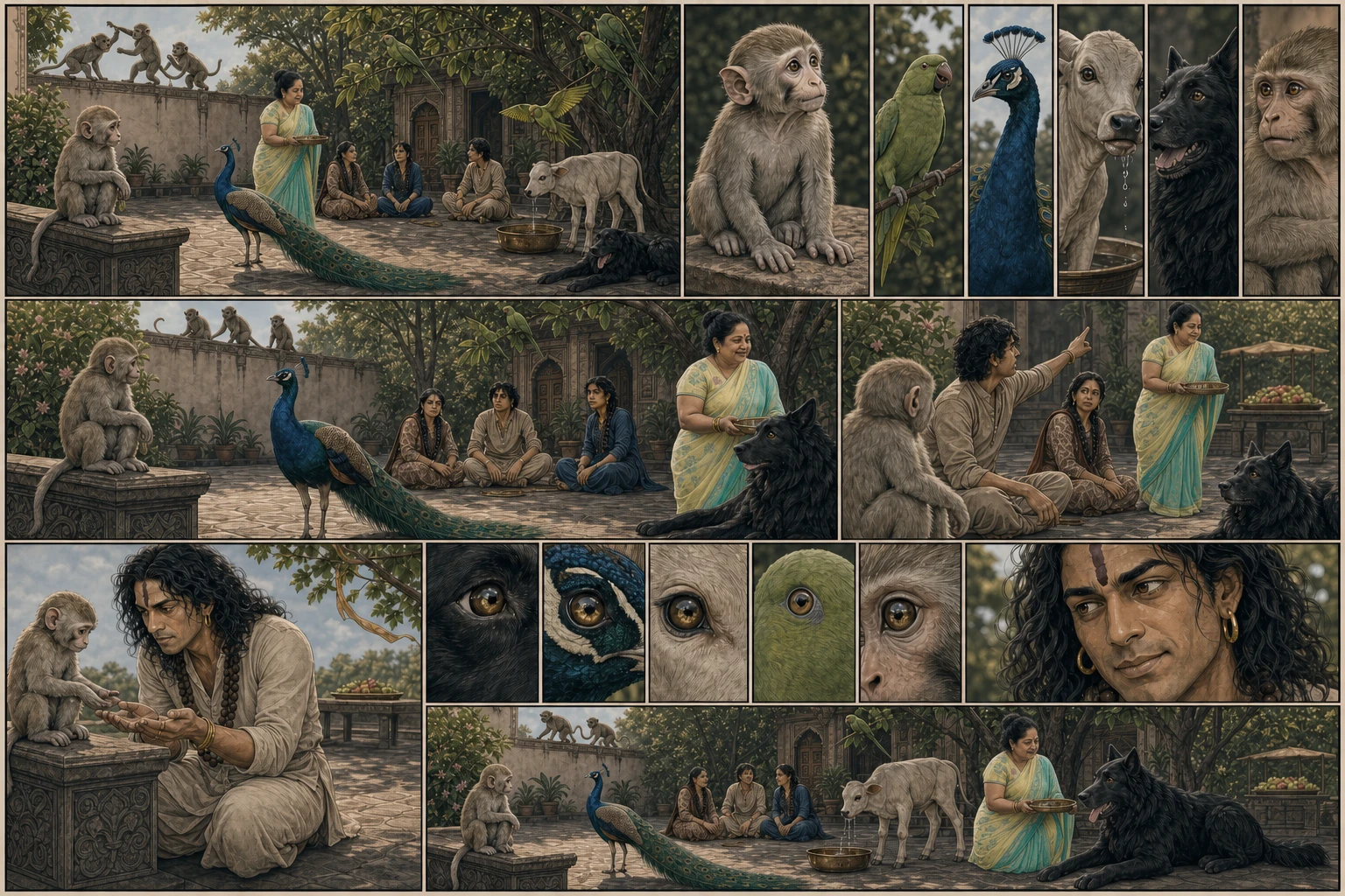 A seventeen-region classic-comic and anime garden spread shows Didi carrying fruit while ordinary young Chunmun sits empty-handed; parakeets, a peacock, calf, black dog, and wild monkeys turn toward her together, a companion blames the fruit, and Guruji checks her palms before seeing one warm-gold point repeated across the animals’ eyes.