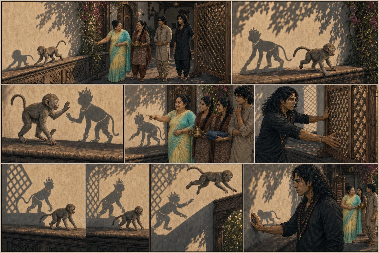 A nine-panel late-afternoon comic shows bare young Chunmun walking beside first an ordinary shadow and then a crowned, fully ornamented silhouette; Didi attributes it to the carved jali, Guruji slides the screen through successive panels, the lattice shadow moves away while the royal outline follows Chunmun’s leap, and he finally tests the empty wall by touch.