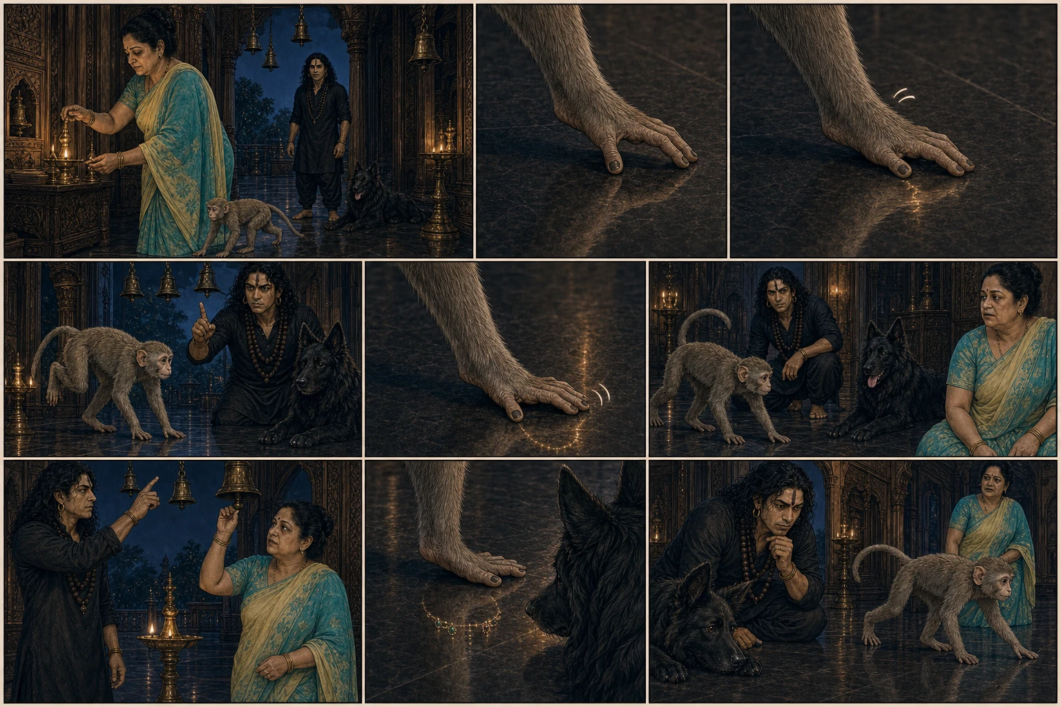 A nine-panel indigo-night comic opens with Didi lighting an oil lamp beneath still bells as bare-footed Chunmun passes; close steps produce an anklet chime, Guruji signals for silence, he and Didi test the unmoving bells, and the black dog watches a gold-and-coloured jewelled anklet appear only in the polished-floor reflection.