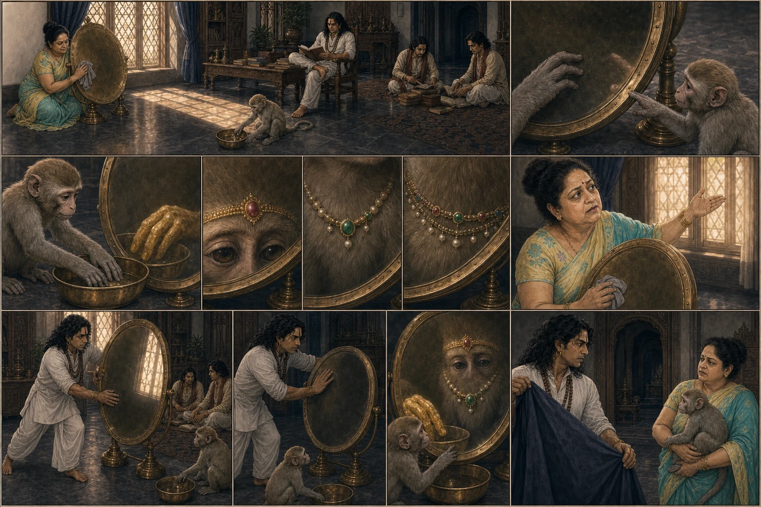 An eleven-region brass-mirror mystery begins with Didi polishing beside a bright lattice while Guruji reads and brown Chunmun plays; her reflection progresses from a natural hand to golden fingers, ruby brow ornament, emerald-and-pearl necklace, and coloured chains, then Guruji turns the mirror into shade, sees the living-gold reflection persist, and covers it as Didi lifts the ordinary monkey.