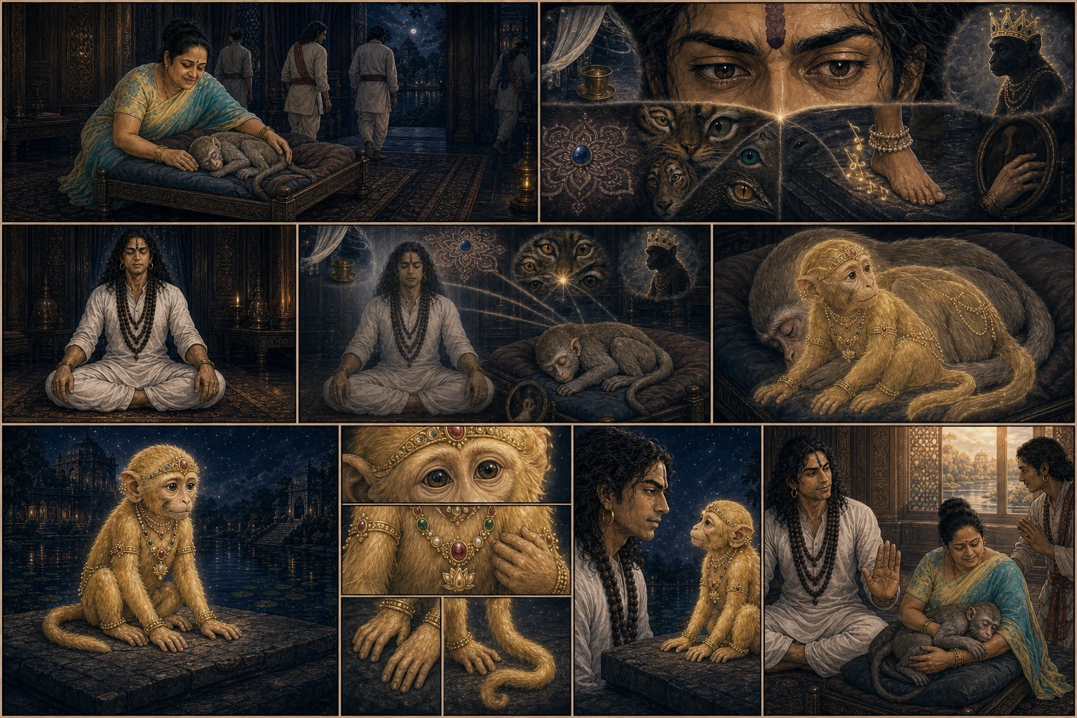 An eight-movement indigo-and-gold revelation begins with Didi settling ordinary brown Chunmun as companions leave, gathers the six earlier signs beneath Guruji’s gaze, shows him resting in samadhi while a living golden rhesus form emerges from the sleeping body, reveals its ruby diadem and precise coloured royal jewels beside the kund, then returns to Didi holding normal Chunmun as Guruji keeps the vision private.