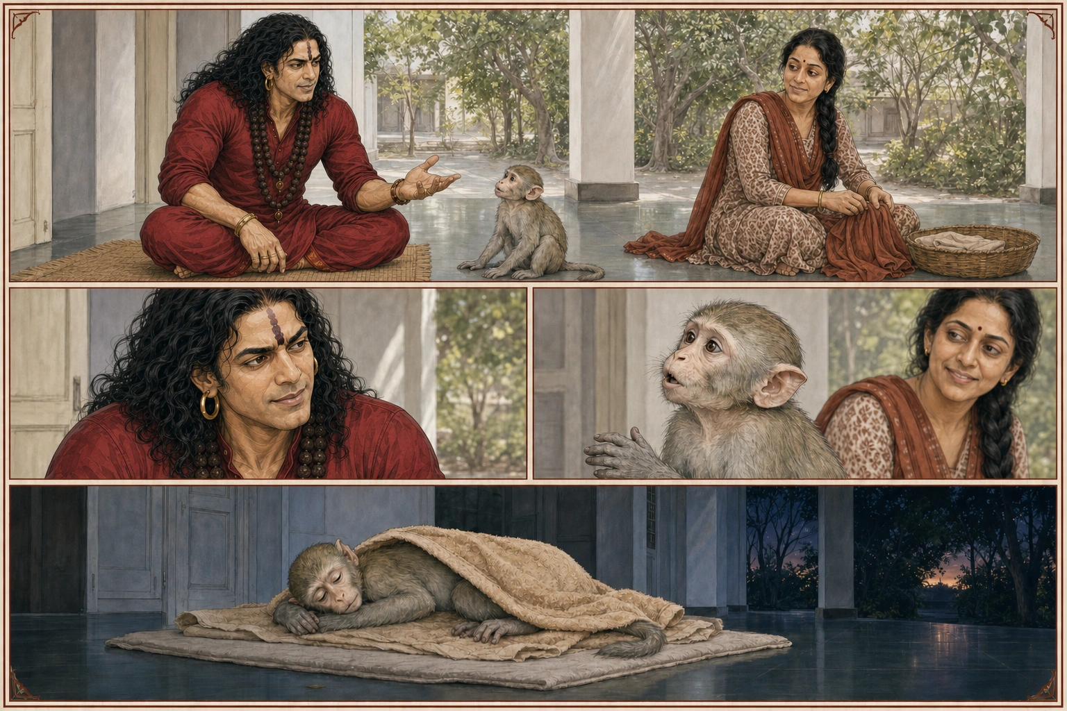 A four-panel comic plate shows powerful prime-age Guruji listening with lively amusement as attentive Chunmun appears to answer, while Didi smiles at their exchange; at night Chunmun settles beneath a towel on clean floor linens.