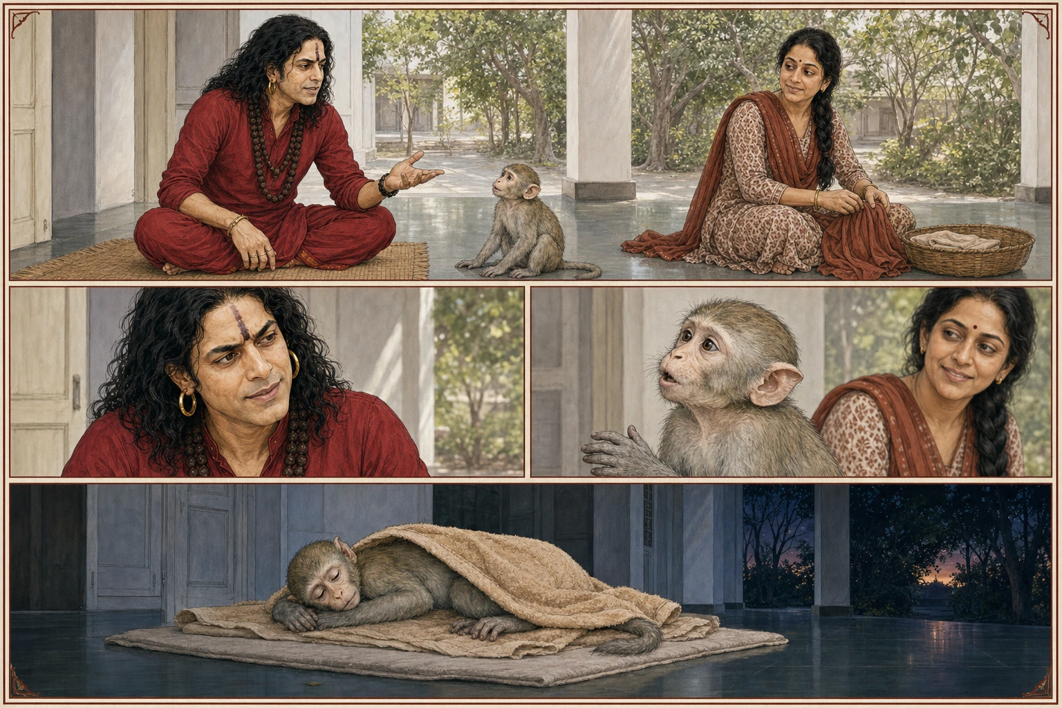 A four-panel comic plate shows slim, prime-age Guruji listening with lively amusement as attentive Chunmun appears to answer, while Didi smiles at their exchange; at night Chunmun settles beneath a towel on clean floor linens.