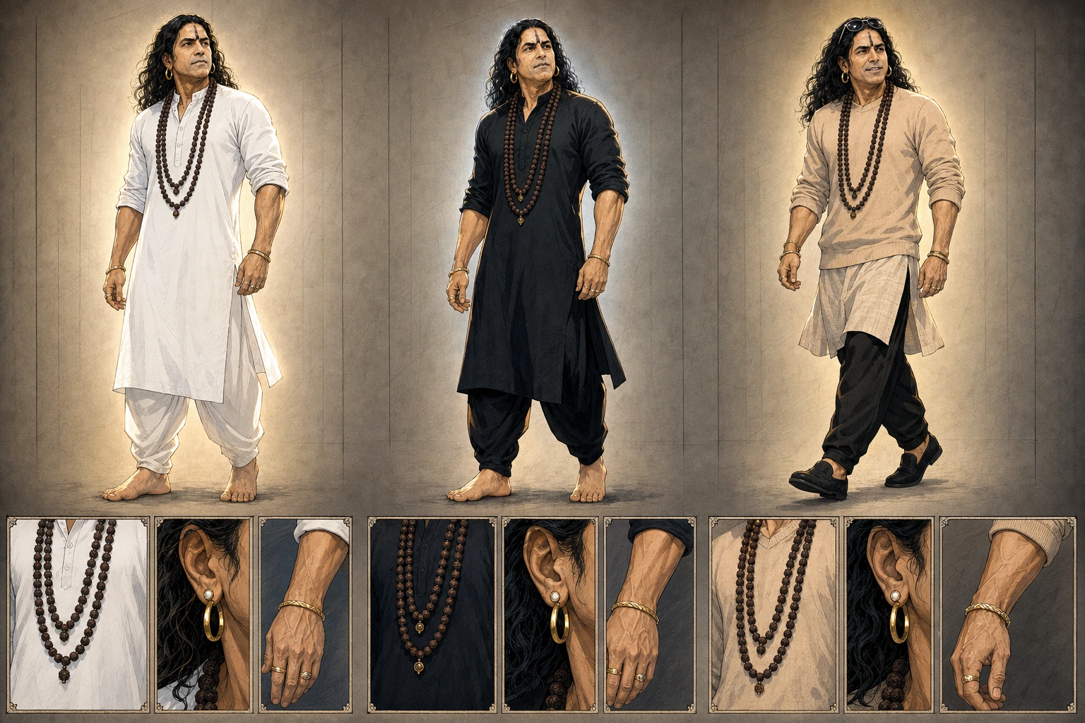 A premium anime character sheet presents the same strong prime-age Guruji full length in a luminous white kurta, a black kurta, and beige knit over cream with aviators in his hair, followed by close studies of his two malas, earrings, rings, bangles, tilak, and hands.