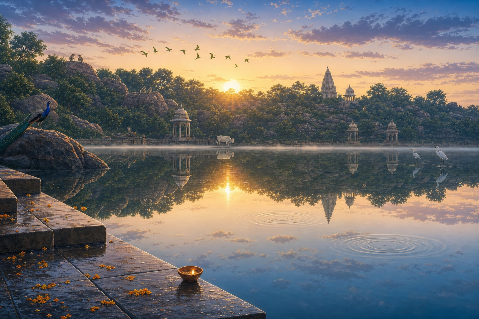 A full-bleed anime landscape shows a molten sunrise over the low green Govardhan ridge and its pale parikrama path, perfectly reflected in a mist-covered kund with chhatris, shikhara, wet ghat steps, a burning diya, parakeets, egrets, peacock, langurs, fish rings, and one white cow.
