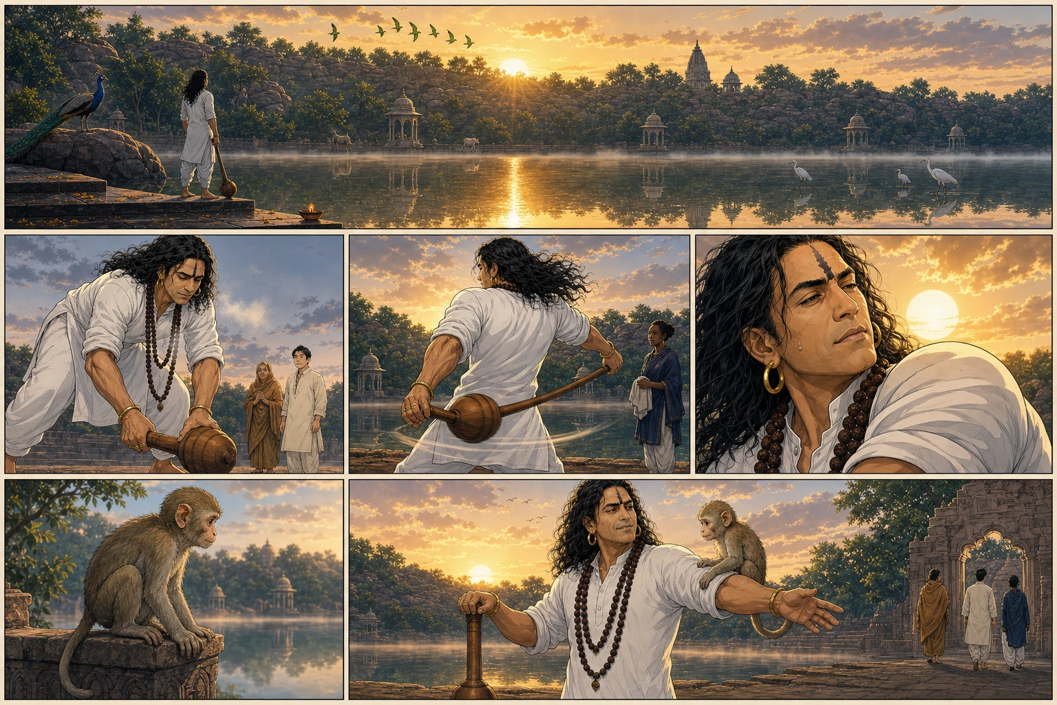 A six-panel premium anime spread shows powerful broad-shouldered Guruji in a glowing white kurta practicing a slow traditional gada arc behind his shoulders beside the kund and low Govardhan ridge, while Chunmun tracks the movement and three diverse intimate disciples remain subtly in the background before Guruji and Chunmun face the sunrise together.