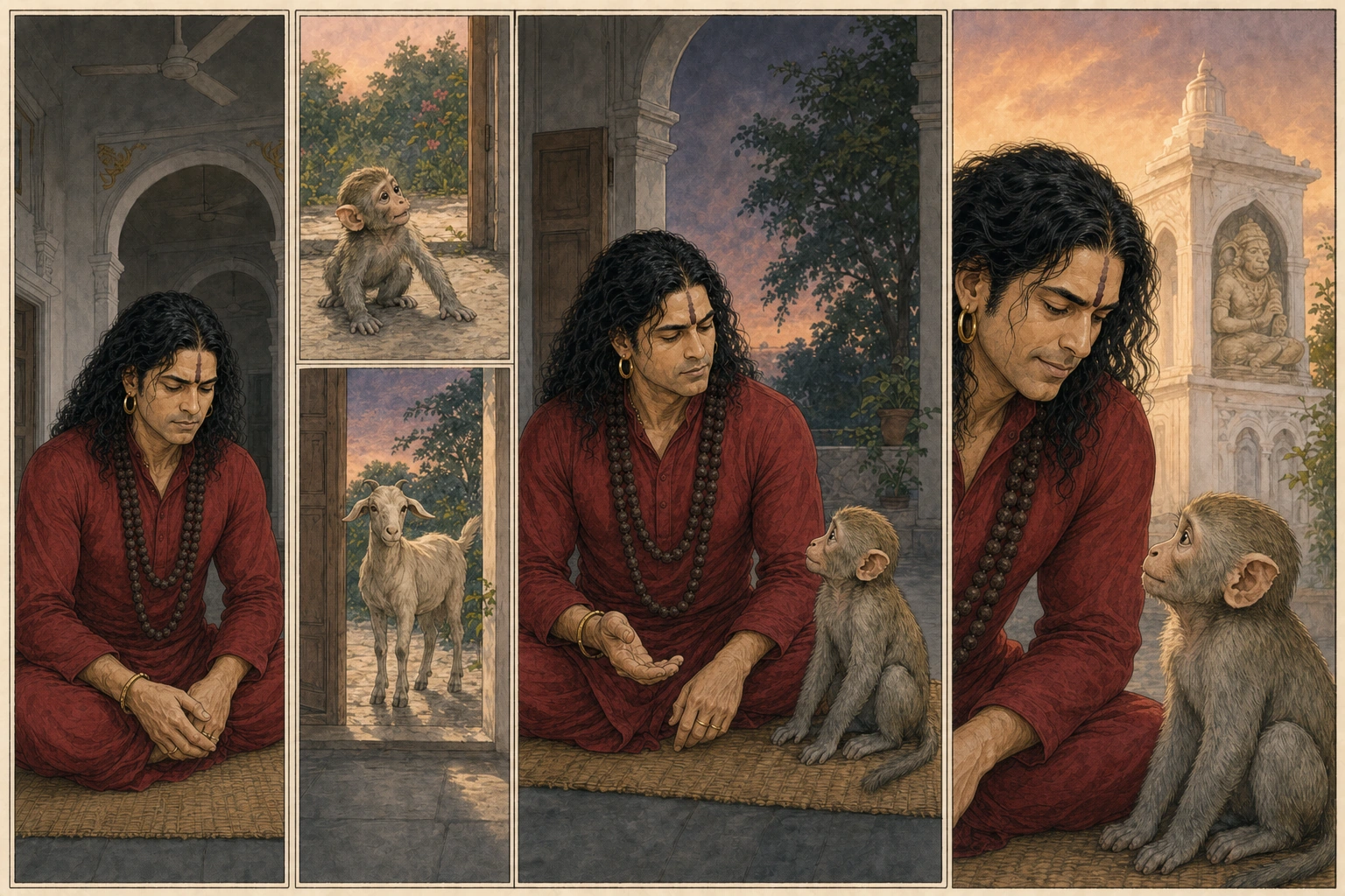 A five-panel contemplative comic plate follows broad-shouldered prime-age Guruji from fatigue through quiet recognition to a humble smile beside Chunmun, with a restrained Hanuman Ji relief grounding the devotional meaning.