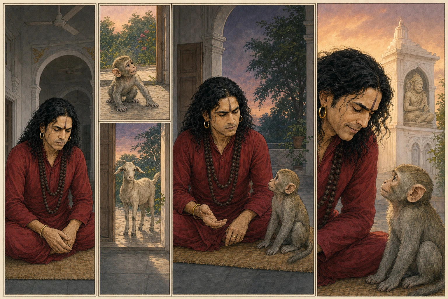 A five-panel contemplative comic plate follows slim, prime-age Guruji from fatigue through quiet recognition to a humble smile beside Chunmun, with a restrained Hanuman Ji relief grounding the devotional meaning.
