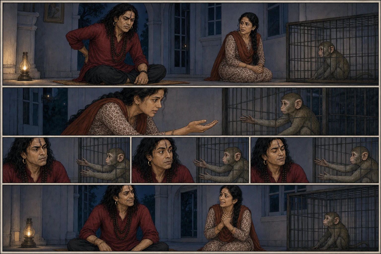 A six-panel night sequence shows slim, prime-age Guruji sitting upright with a pain-tightened expression, Didi earnestly asking Chunmun for help, three reaches through the bars, and Guruji’s shoulders easing into surprised, grateful relief.