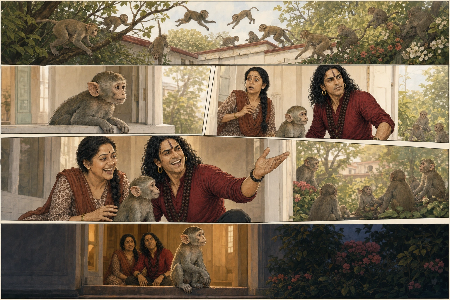 A five-panel comic plate bursts across garden branches and walls as monkey troops gather, Chunmun watches from the safe veranda, and strong prime-age Guruji’s protective concern turns mischievous while Didi’s alarm becomes laughter at the princess story.