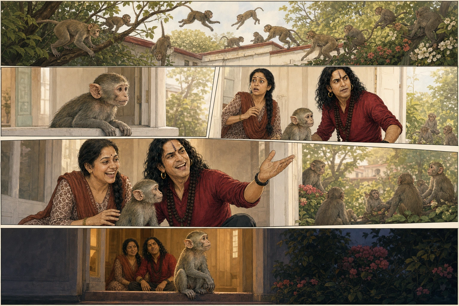 A five-panel comic plate bursts across garden branches and walls as monkey troops gather, Chunmun watches from the safe veranda, and slim, prime-age Guruji’s protective concern turns mischievous while Didi’s alarm becomes laughter at the princess story.