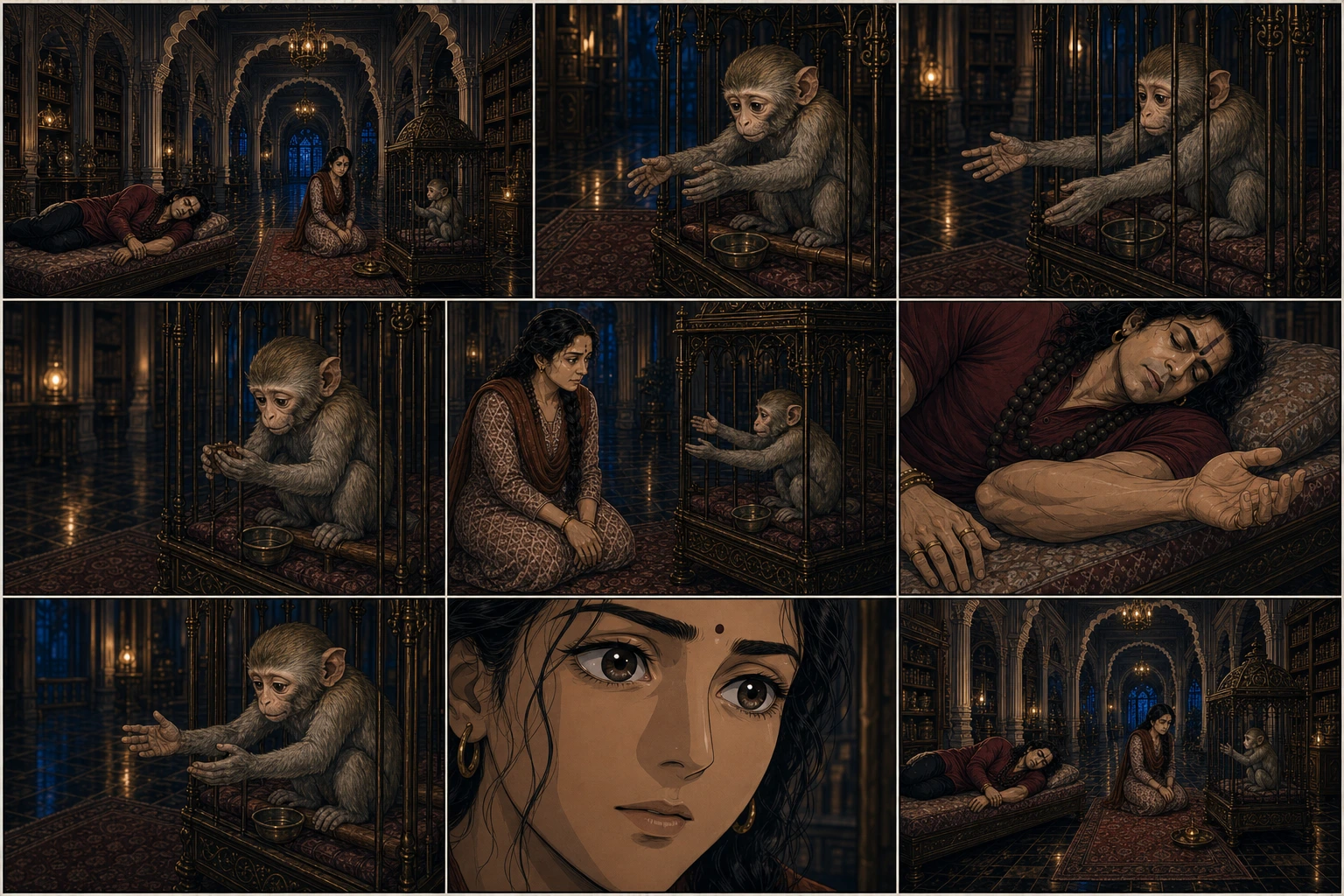 A nine-panel seinen-anime page in the same immense arched chamber follows Chunmun lifting both hands and making three delicate movements toward powerful broad-shouldered Guruji, who remains peacefully reclined with closed eyes and relaxed hand, while Didi’s expressive eyes carry concern, attention, and quiet wonder.